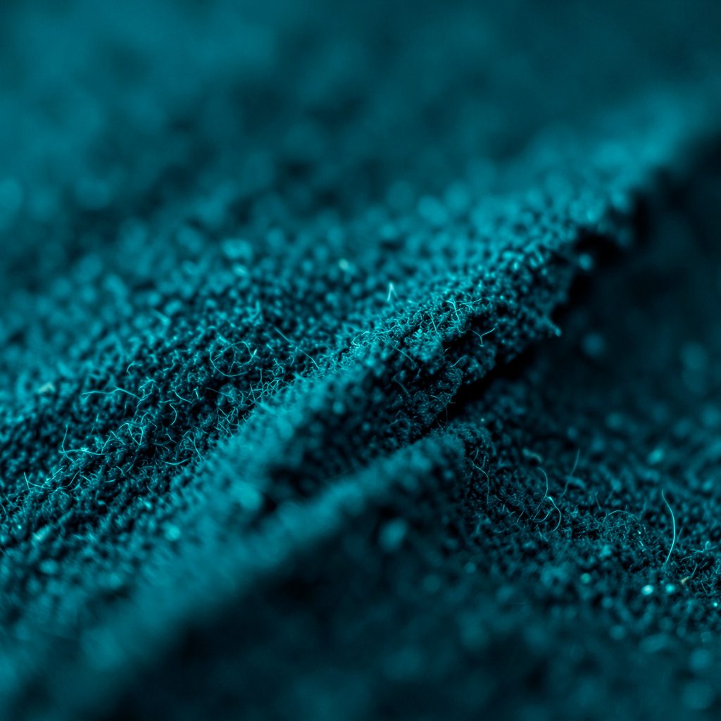 Extreme close-up photograph of brushed steel with fine diagonal grain in muted teal and cream tones, evoking a calm, professional workspace