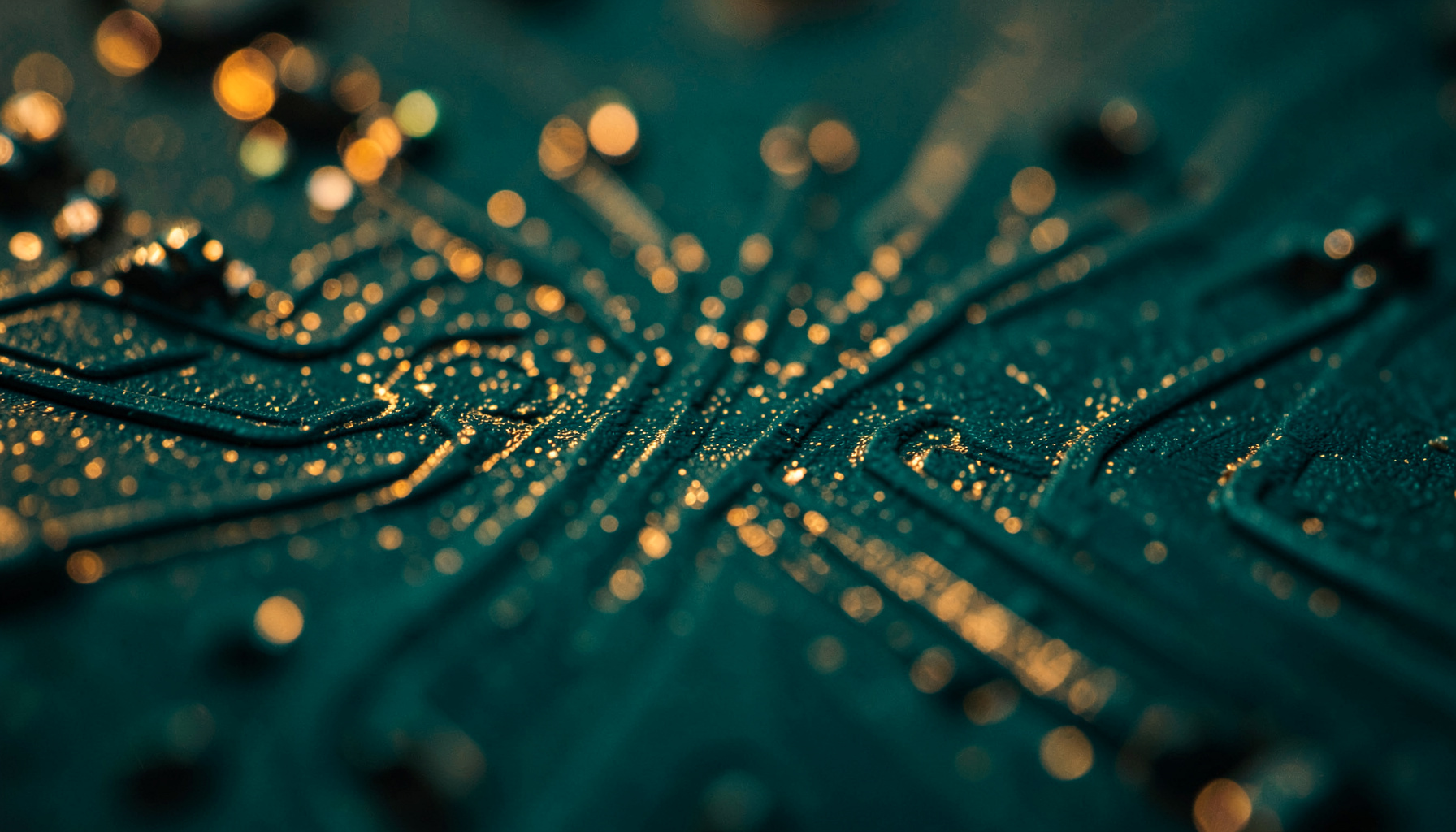 Extreme close-up photograph of dark teal circuit board traces catching warm gold light, conveying quiet, structured vigilance